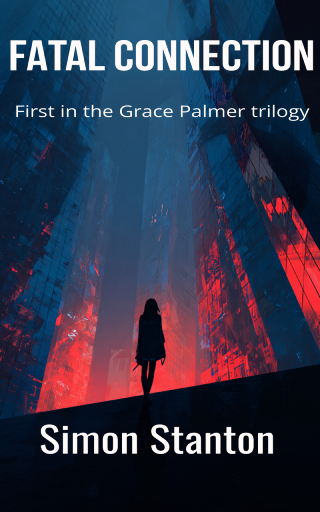 Fatal Connection_cover_2 - small Book cover for Fatal Connection, the first in the Grace Palmer trilogy. An image of a female silhouette crossing a shadowy urban plaza, illuminated by fractured beams of crimson light slicing through indigo mist, glass towers reflecting distorted fragments of her figure, silver accents glowing in the cracks against a wide open indigo sky.