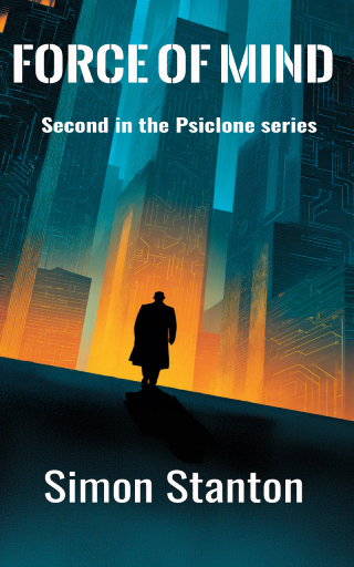 Force Of Mind_cover_2 - small Book cover for Force Of Mind, second in the Psiclone series. An image of a military airfield at night, floodlights, watchtowers, distant aircraft shapes, cyan psi shockwave rippling across low storm clouds. A lone male silhouette at the edge of the tarmac, squared stance, watching chaos unfold in the distance.