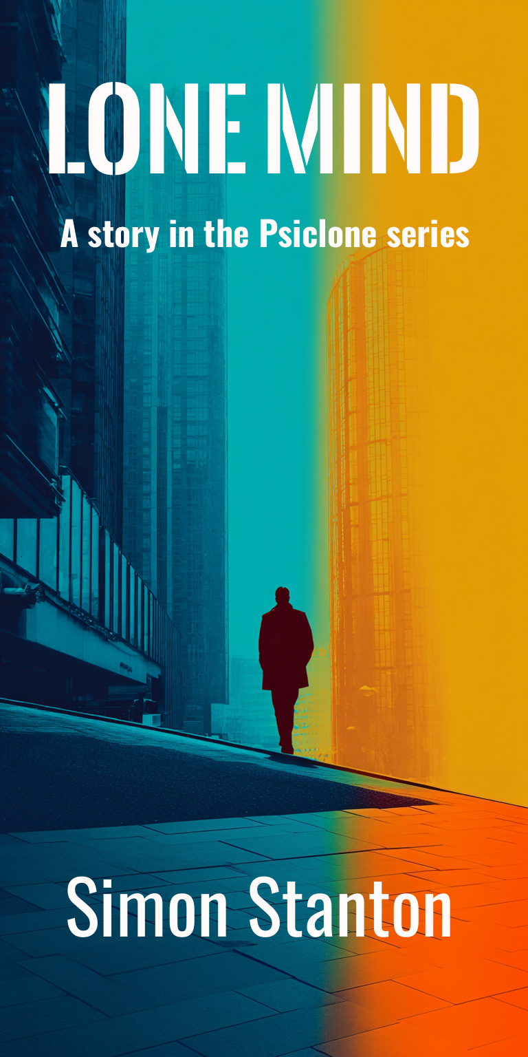 Book cover for Single Mind, a novella in the Psiclone series, almost a prequel to A Mind To Kill. In image of a rooftop service gantry and ventilation stacks, cyan psi shockwave concentric rings in cloud bank, minimal city hints, tense and cinematic action-thriller book cover.